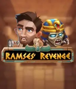 Uncover the mysterious world of the Ramses' Revenge game by Relax Gaming, showcasing a frightened explorer and a fierce mummy amid an Egyptian tomb backdrop. This graphic portrays the drama of ancient Egyptian myths, great for fans of Egyptian-themed slots, offering a captivating gaming experience. 